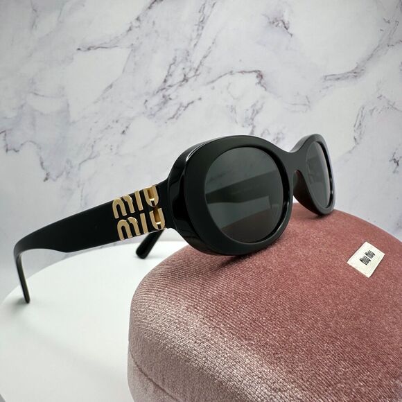 New MIU MIU Sunglasses Black Acetate Oval Gold Metal Logo Authentic Italy